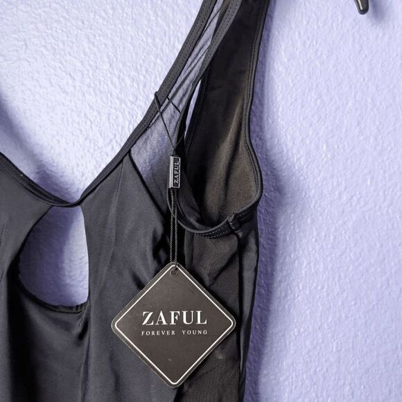 NWT ZAFUL Scoop-back Mesh Panel Cut Out One-piece Swimsuit Black Brazilian S - Picture 2 of 10